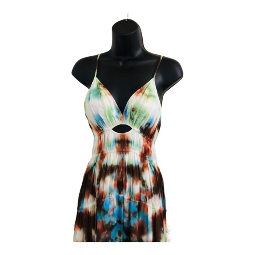 YFB Young fabulous & broke delphine chiffon‎ blue brown tiedye cutout maxi dress
